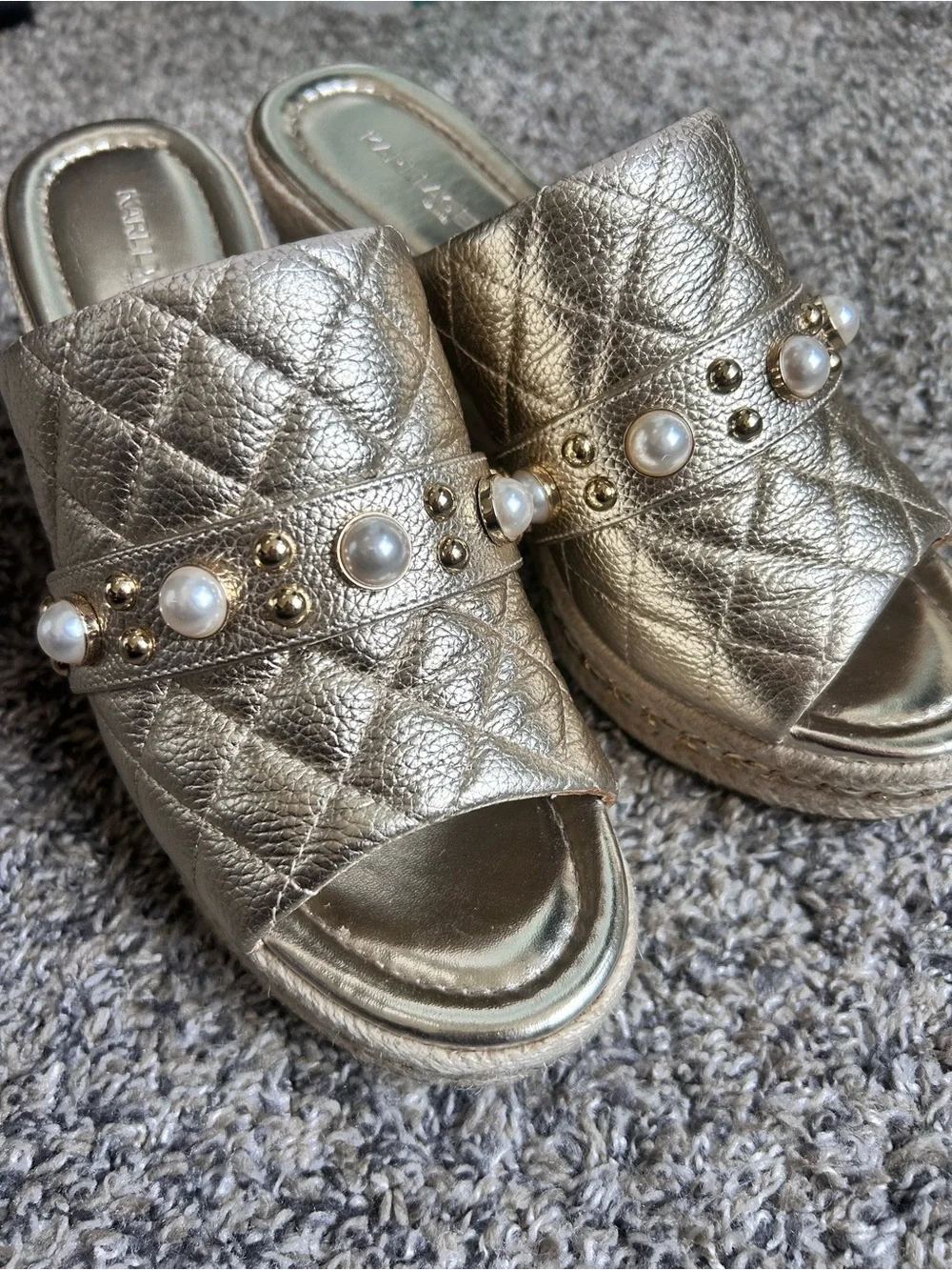 Karl Lagerfeld Paris Camila Espadrille Wedge Sandals Champagne size 8.5